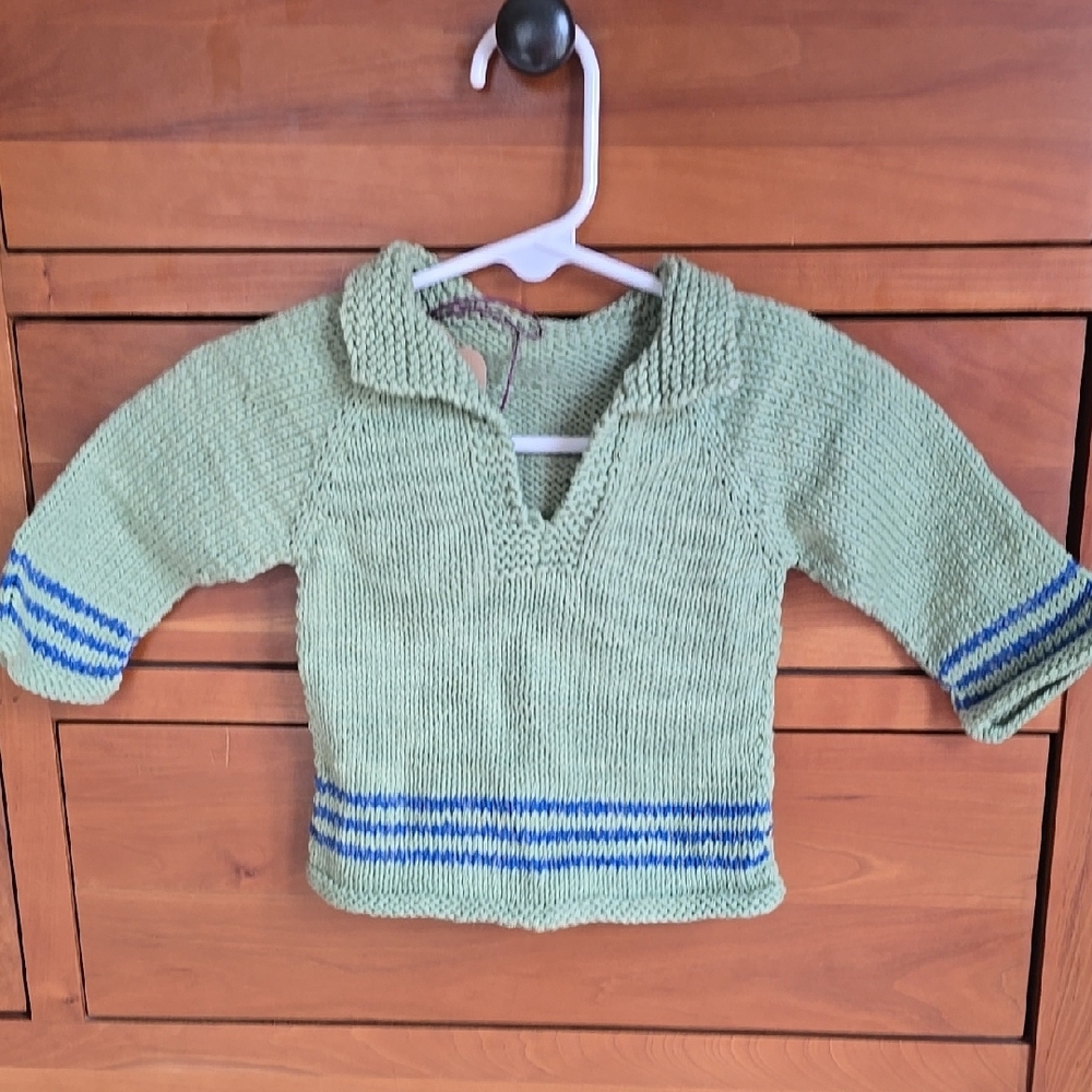Kids Green Knit Sweater with Blue Stripes